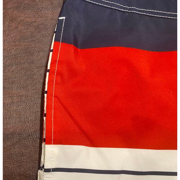 Lands End Red White Blue Stripe Swim Trunk Shorts Pockets Built-in Brief Large - Picture 4 of 11